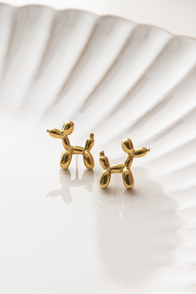 金屬立體氣球狗。鋼針耳環(金)