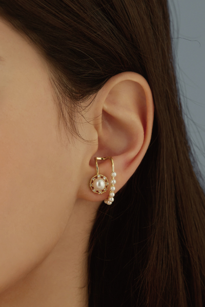 雙層珍珠造型。銀針耳環