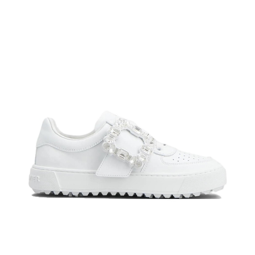 ROGER VIVIER Very Vivier 白色側邊銀色水晶方釦皮革運動鞋