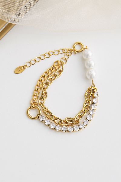 扭轉鋯石珍珠雙層手鍊