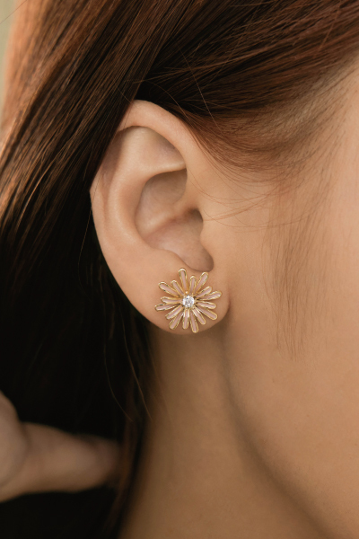 優雅畫釉小花。銀針耳環