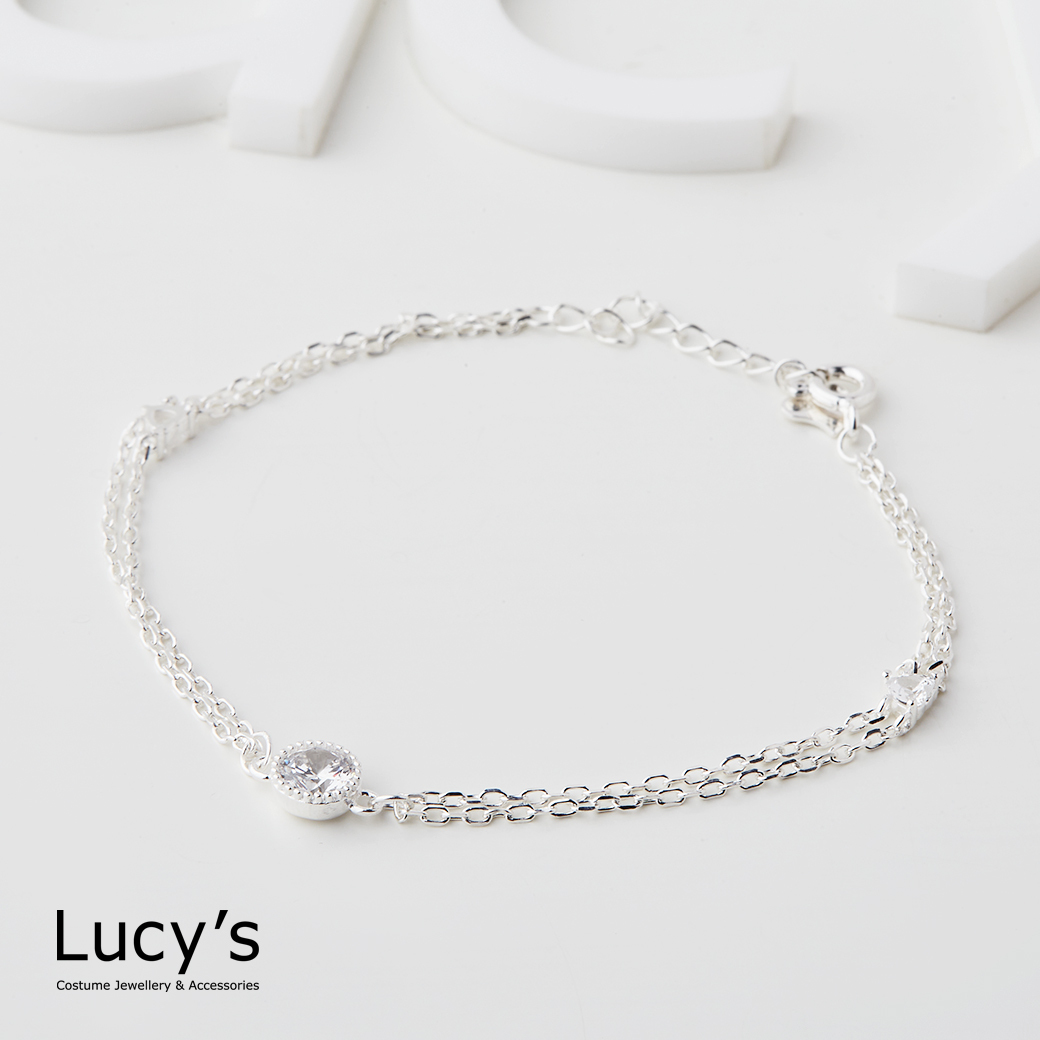 925純銀 單鑽愛心 雙層手鍊 (121002)