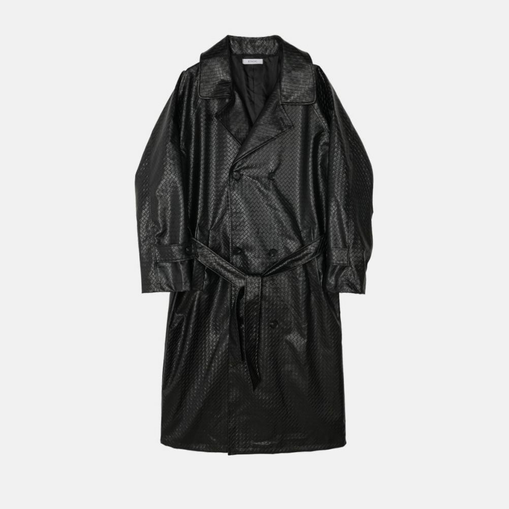 暗紋連腰帶合成皮長褸 ENOC-010JK