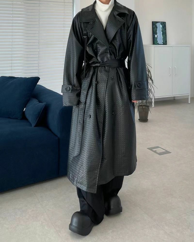 暗紋連腰帶合成皮長褸 ENOC-010JK