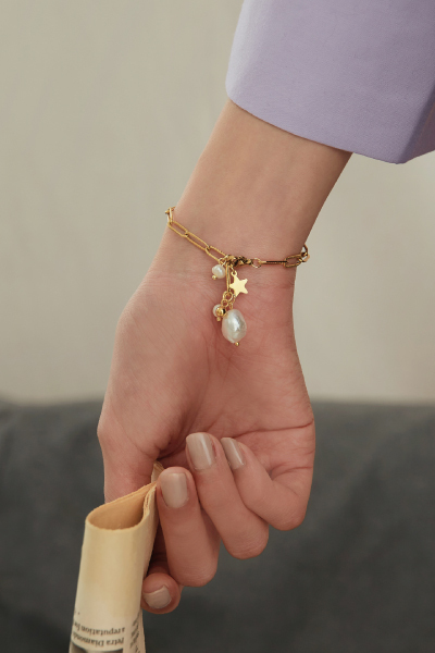 珍珠星型垂墜串接手鍊