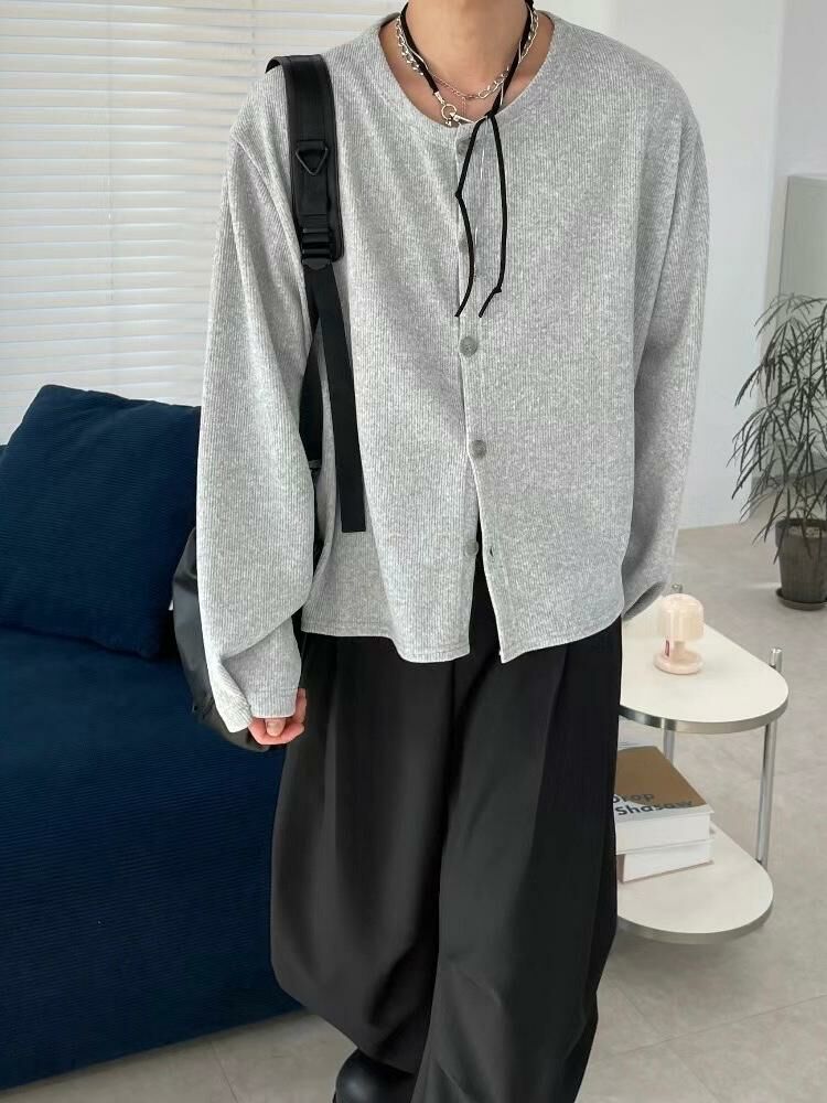 淨色圓領暗紋開胸針織外套 ENOC-018JK