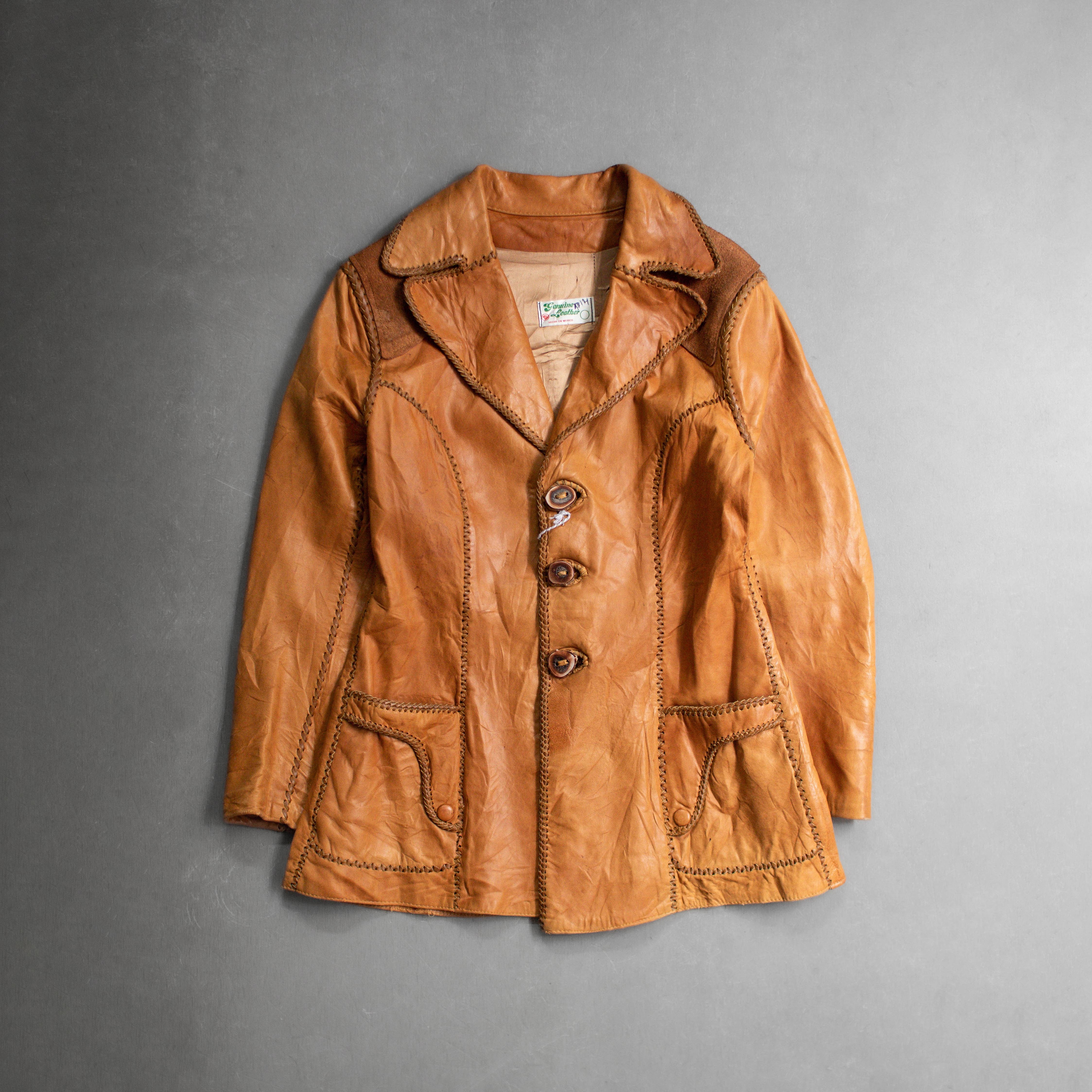 70S GENUINE LEATHER JACKET 墨西哥製 駝色 編織 西部 皮衣 外套