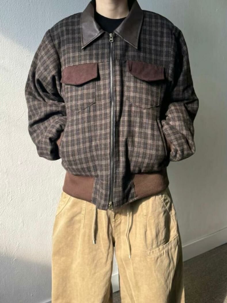 拼皮領格仔拉鍊外套 ENOC-021JK