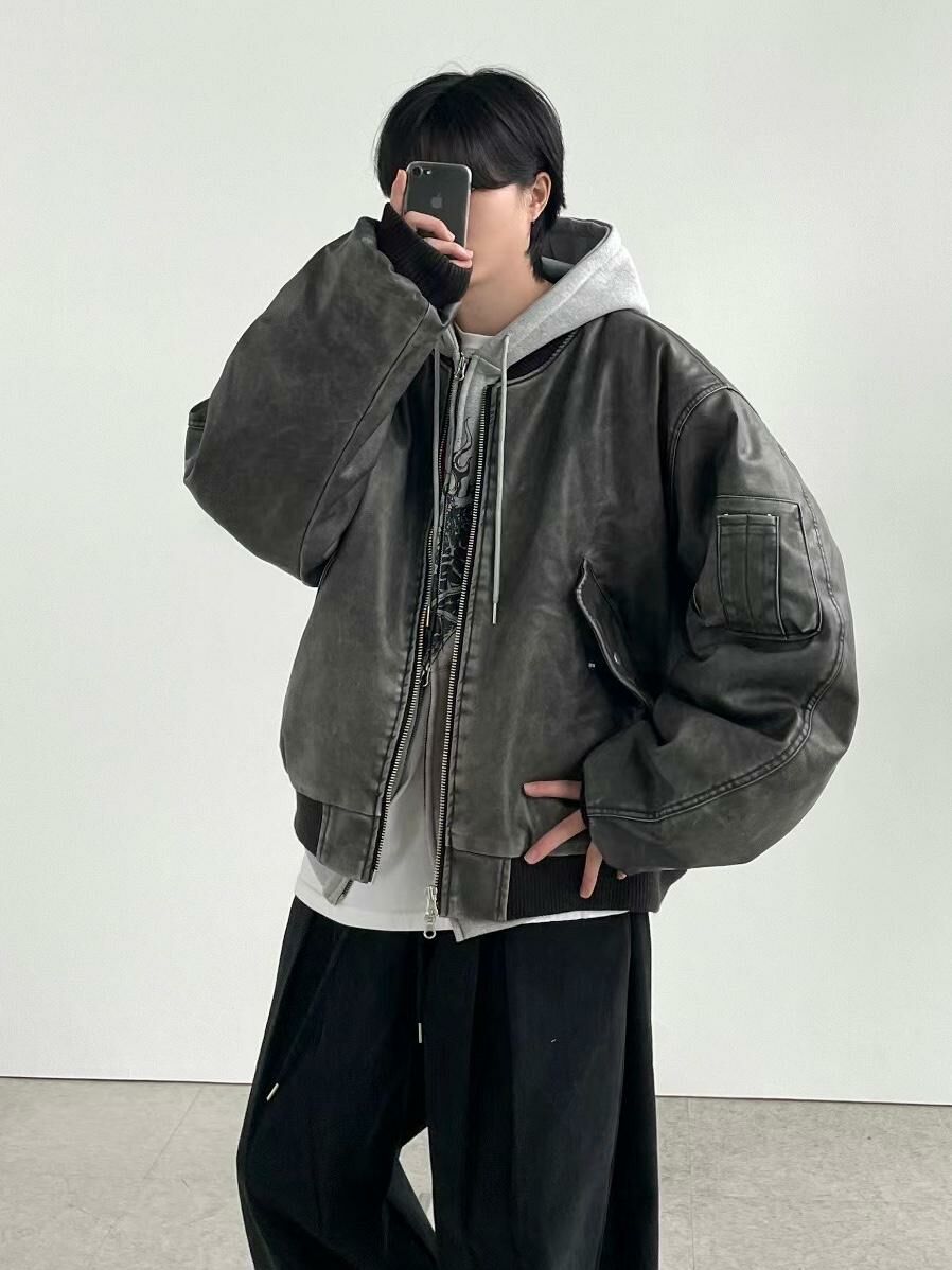 淨色拉鍊合成皮褸(薄夾棉) ENOC-025JK