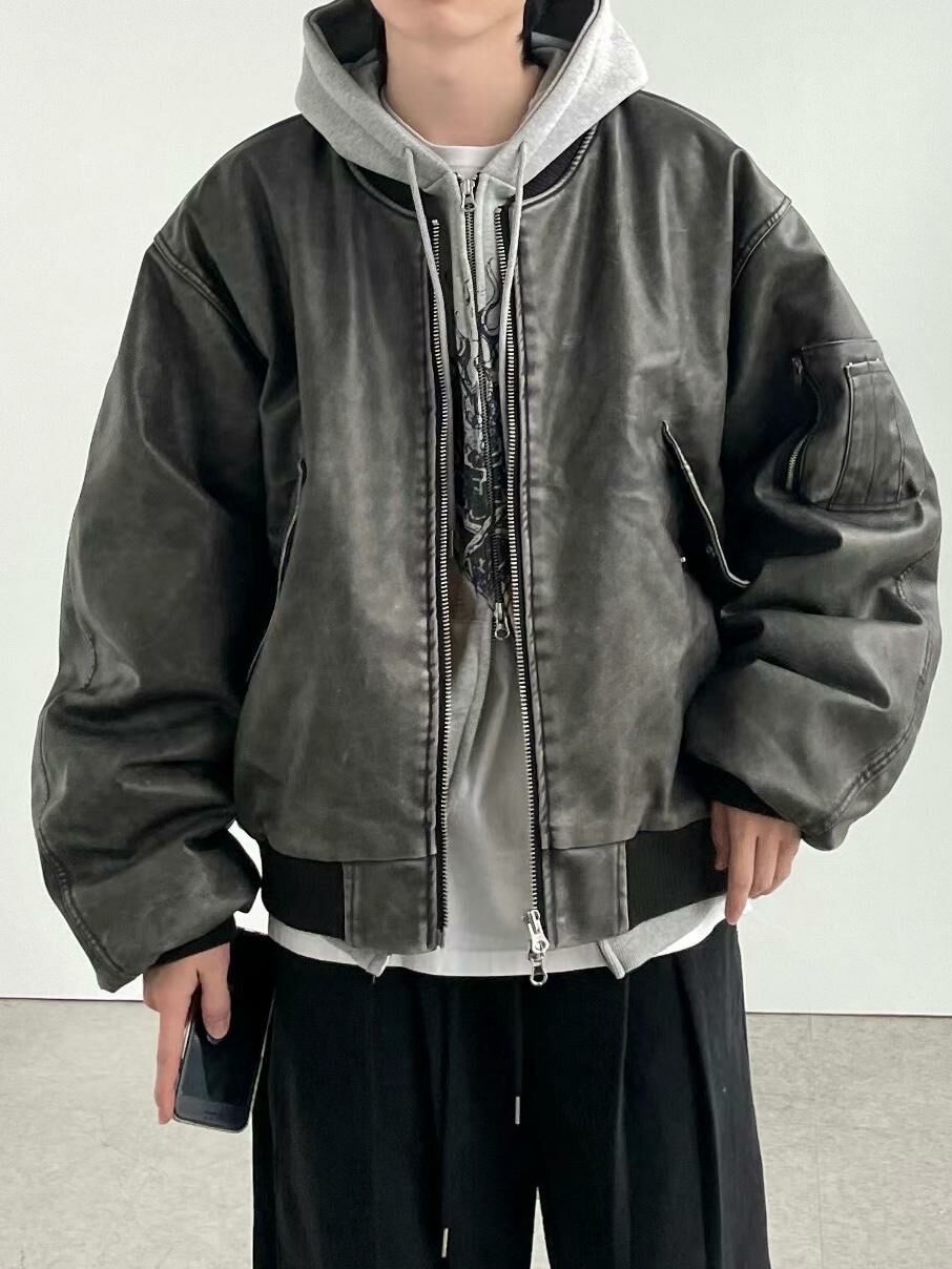 淨色拉鍊合成皮褸(薄夾棉) ENOC-025JK