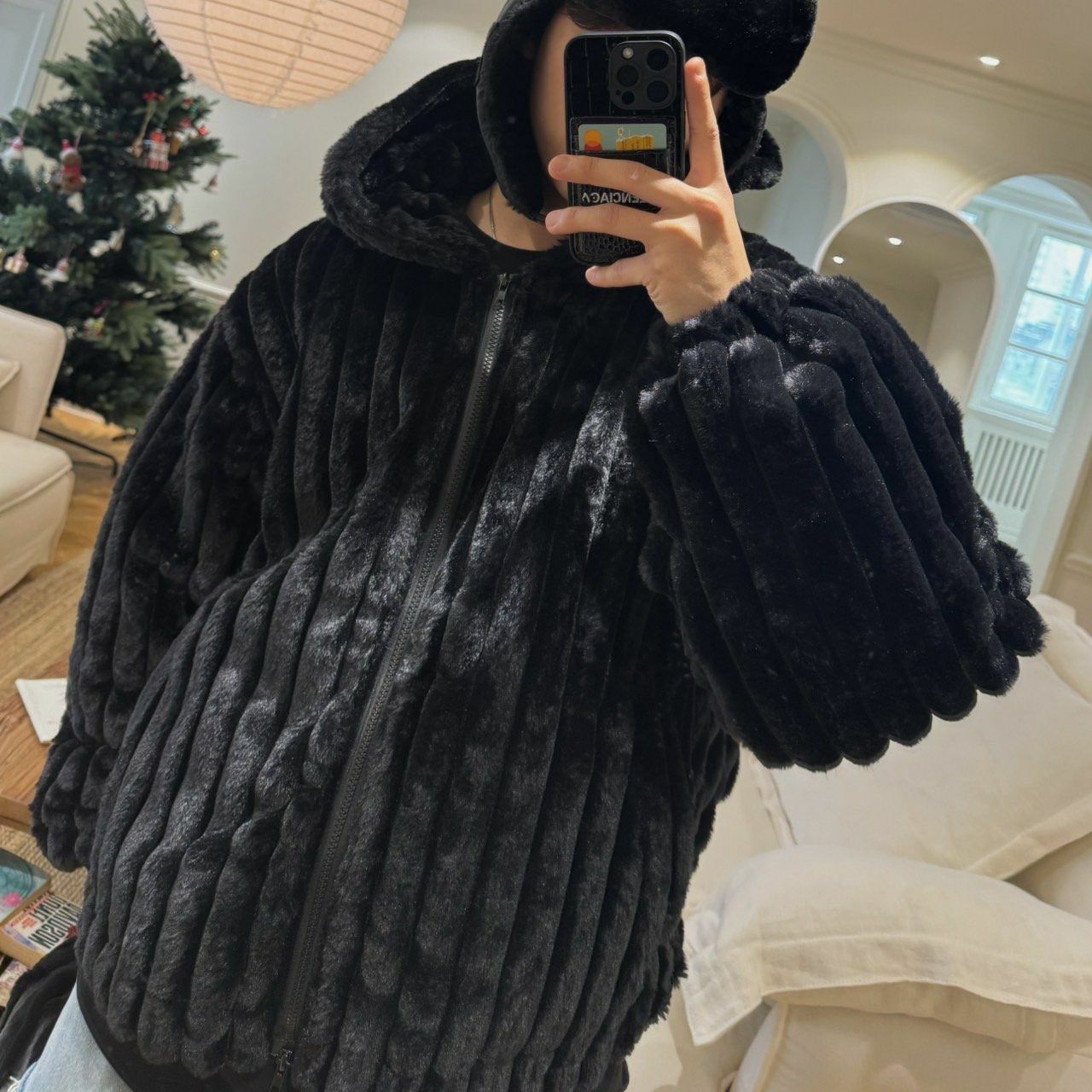 淨色暗直紋連帽毛毛褸 BY ATTENTION-340JK