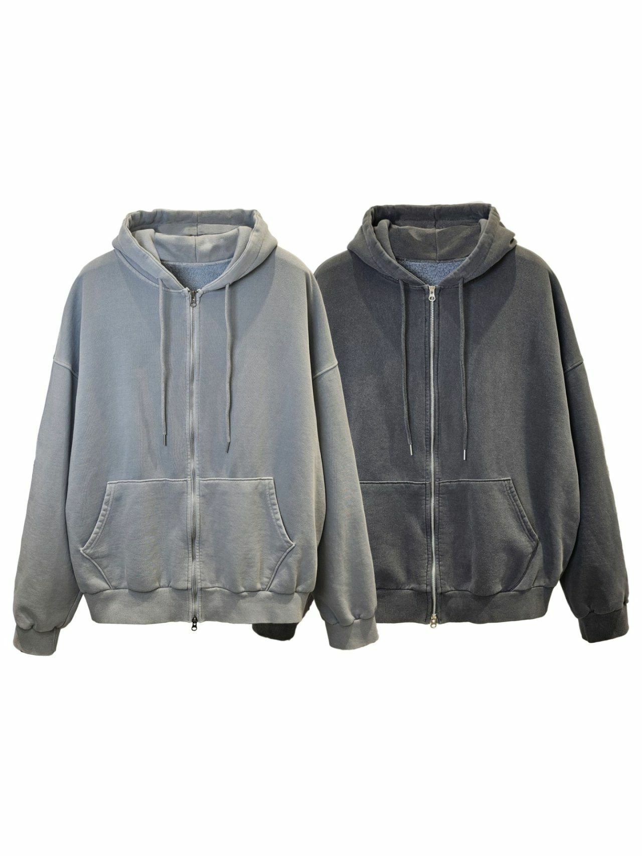 洗水淨色連帽拉鍊外套(薄抓毛底) Floor&co-049JK