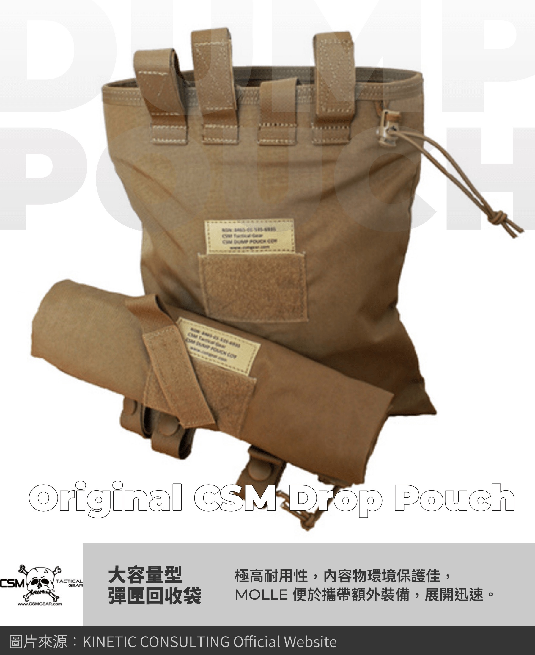 大容量型 Wide load  最後是大容量型回收袋，例如 LBT 和 CSM gear 的款式。這類袋子可容納大量裝備，適合需要攜帶大量物資的人員。不過，它們通常比較顯眼，無法隱藏於腰帶上。