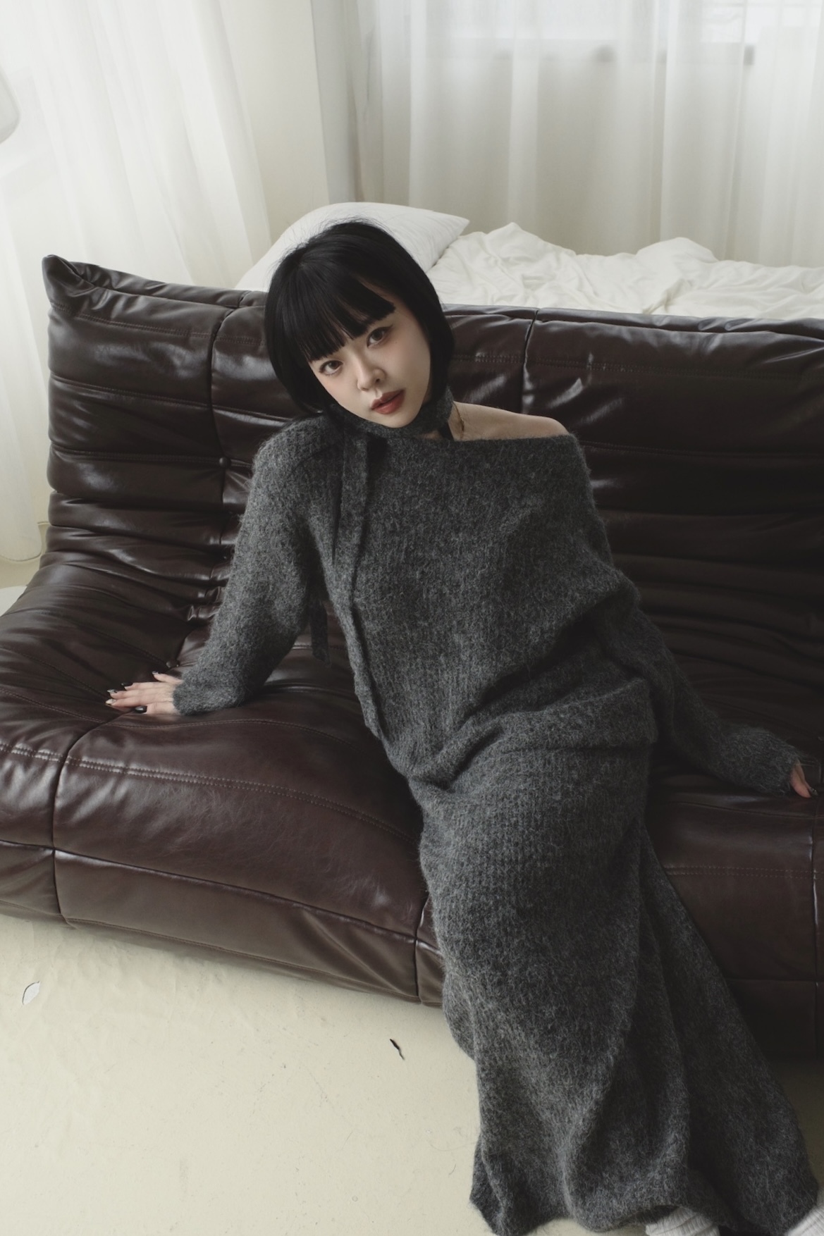 <女裝現貨💗> D126 針織斜肩套裝  黑色/灰色/奶白