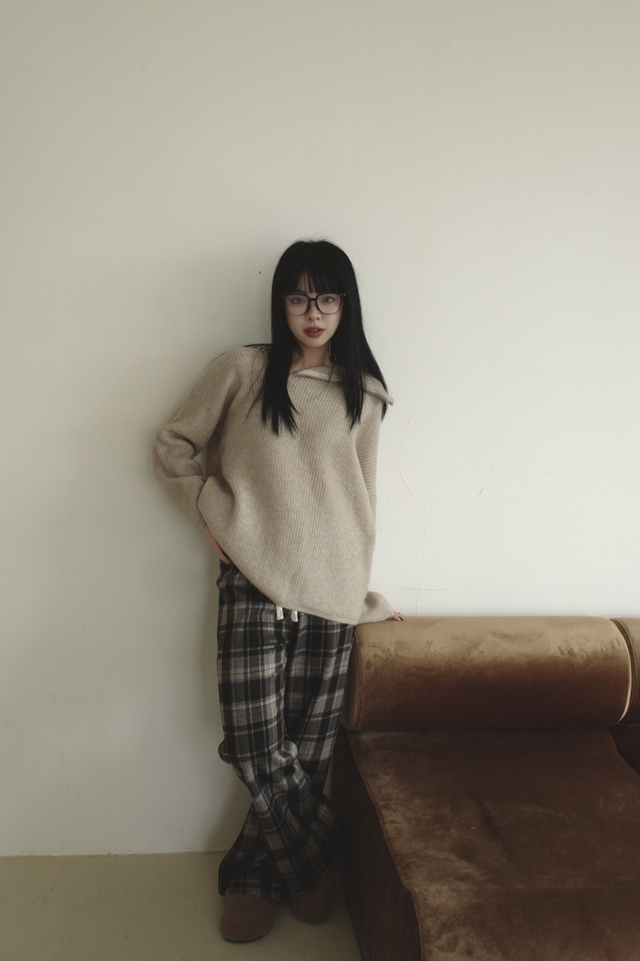 <女裝現貨🧨>  D121 鬆緊綁繩加絨格子長褲 咖色/黑色