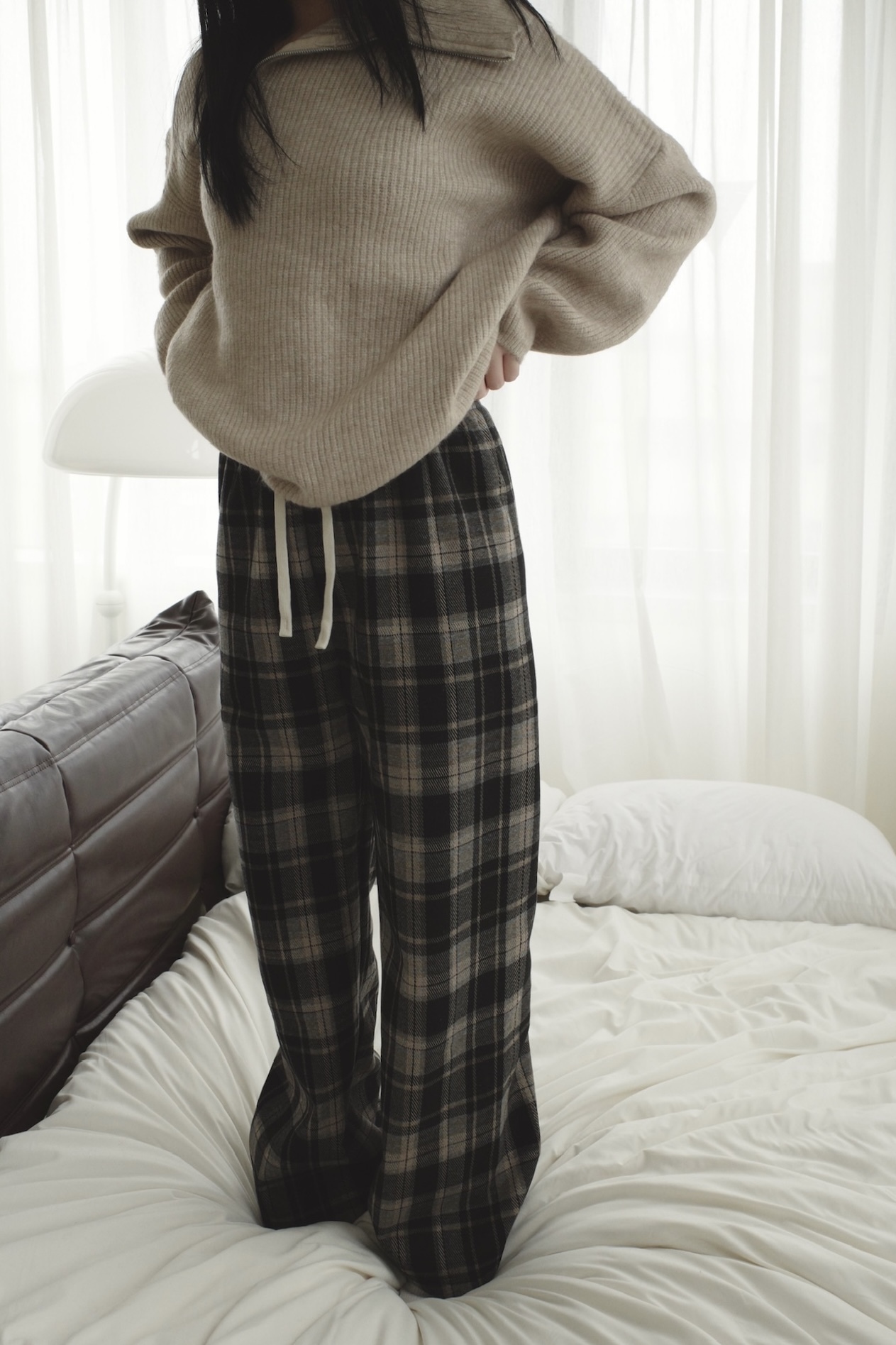 <女裝現貨🧨>  D121 鬆緊綁繩加絨格子長褲 咖色/黑色