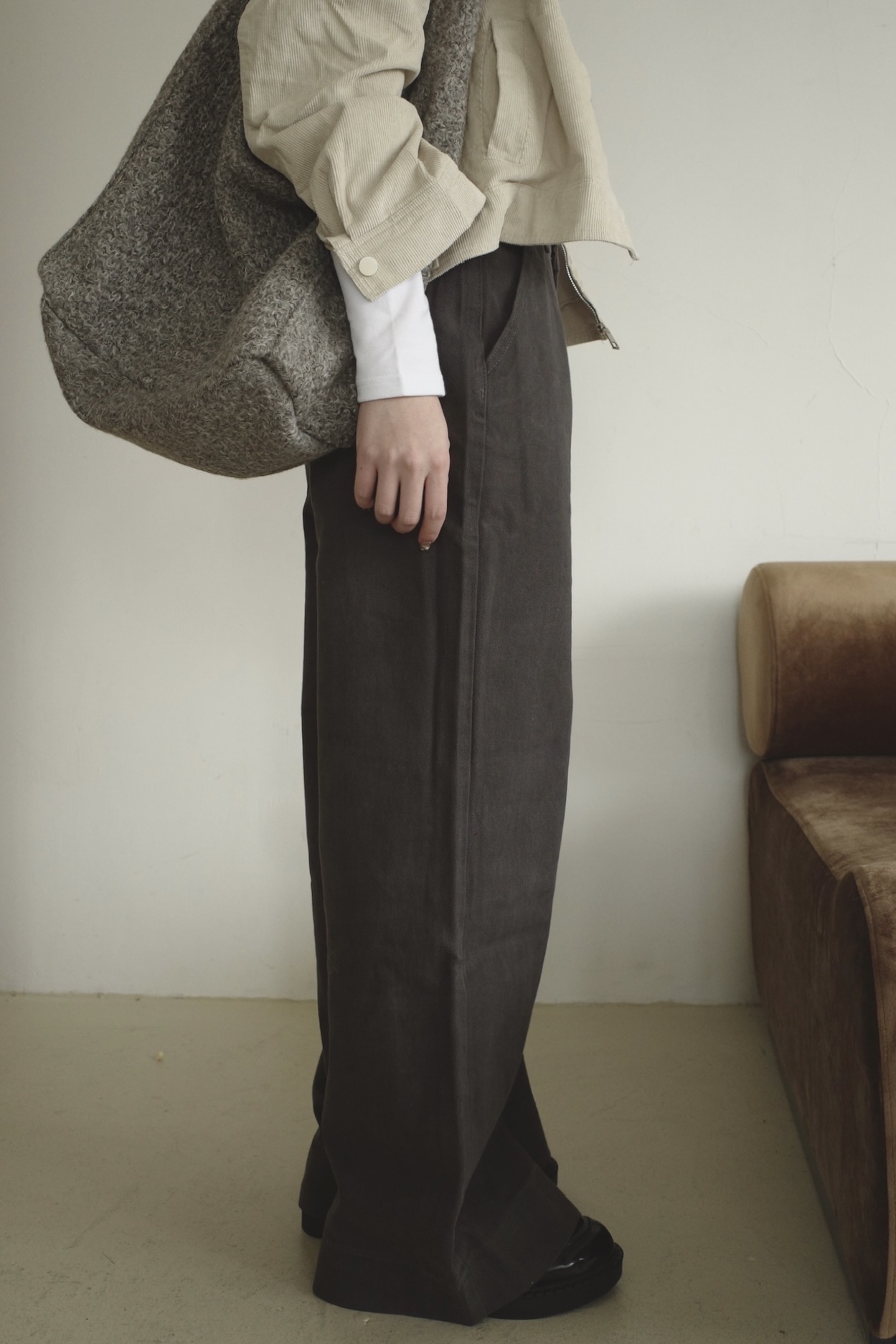 <女裝現貨💗> D120 毛感休閒水洗高腰直筒寬褲 深灰/霧霾藍