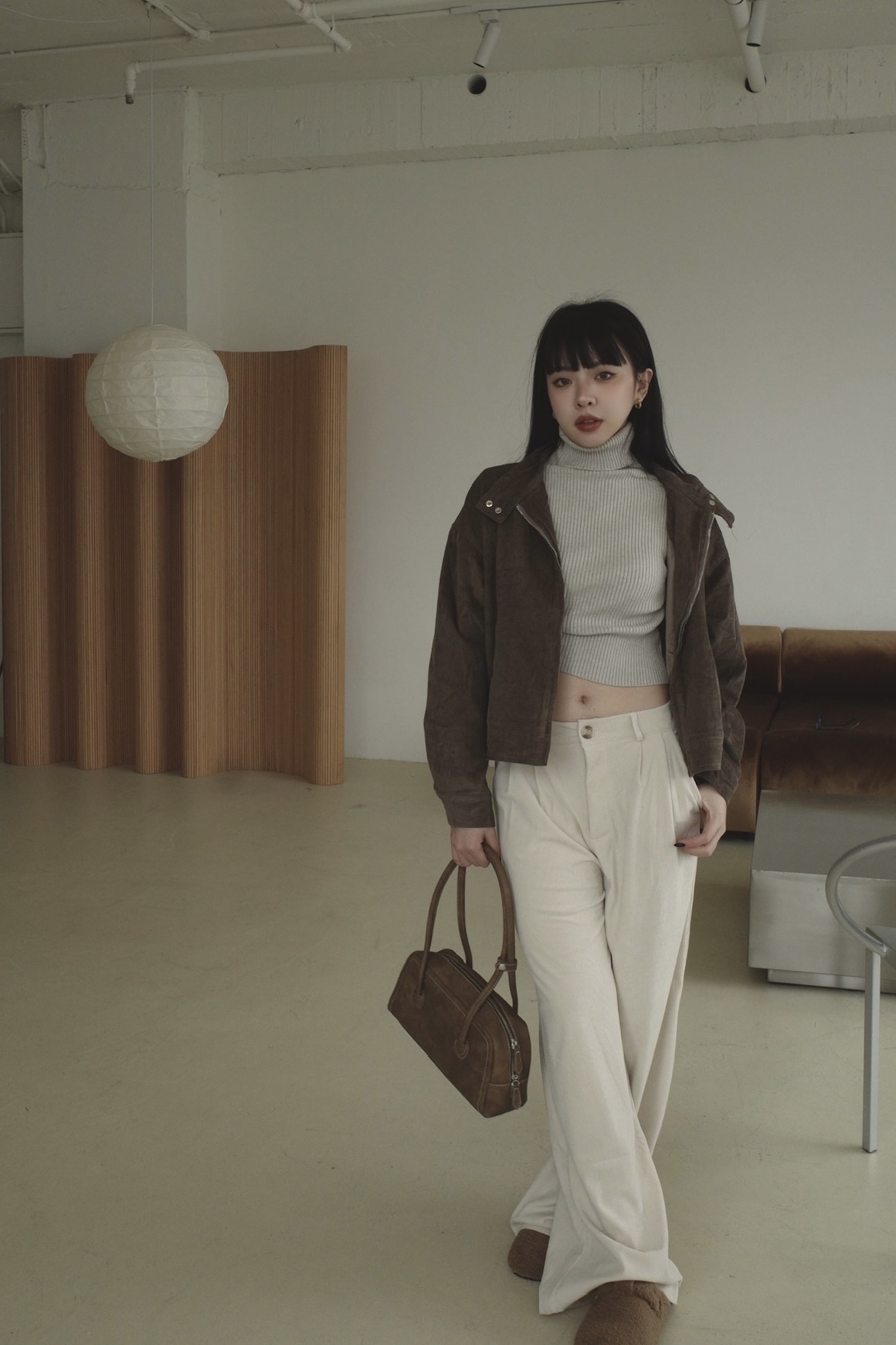 <女裝現貨💗>D119 燈芯絨鬆緊開釦高腰寬褲 咖色/杏色