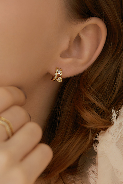 雙排閃耀星星。針式耳環