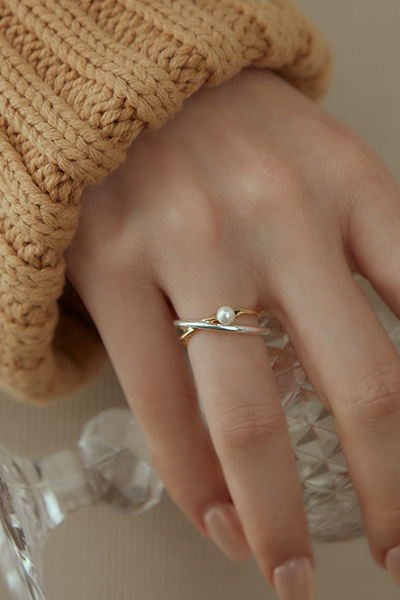 金銀不規則交錯珍珠可調式戒指