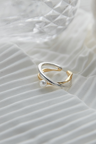 金銀不規則交錯珍珠可調式戒指