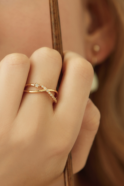 交叉設計水鑽可調式戒指(金)