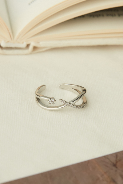 交叉設計水鑽可調式戒指(銀)
