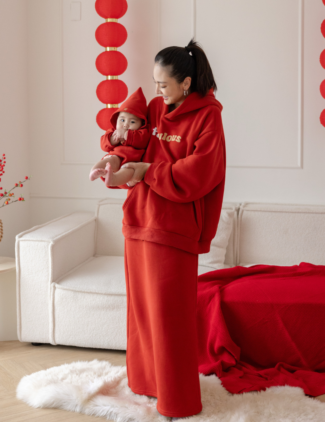 反折腰頭口袋棉感長裙（紅色/6尺寸）