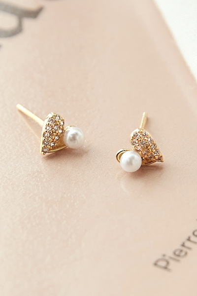 【925純銀】閃耀鋯石珍珠心型。針式耳環(金)