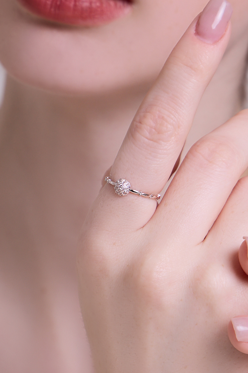 鑲鑽圓球可調式戒指(銀)