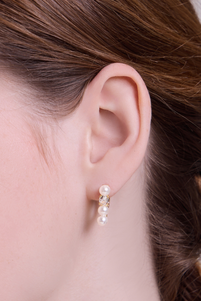 一字珍珠鋯石。針式耳環(金)