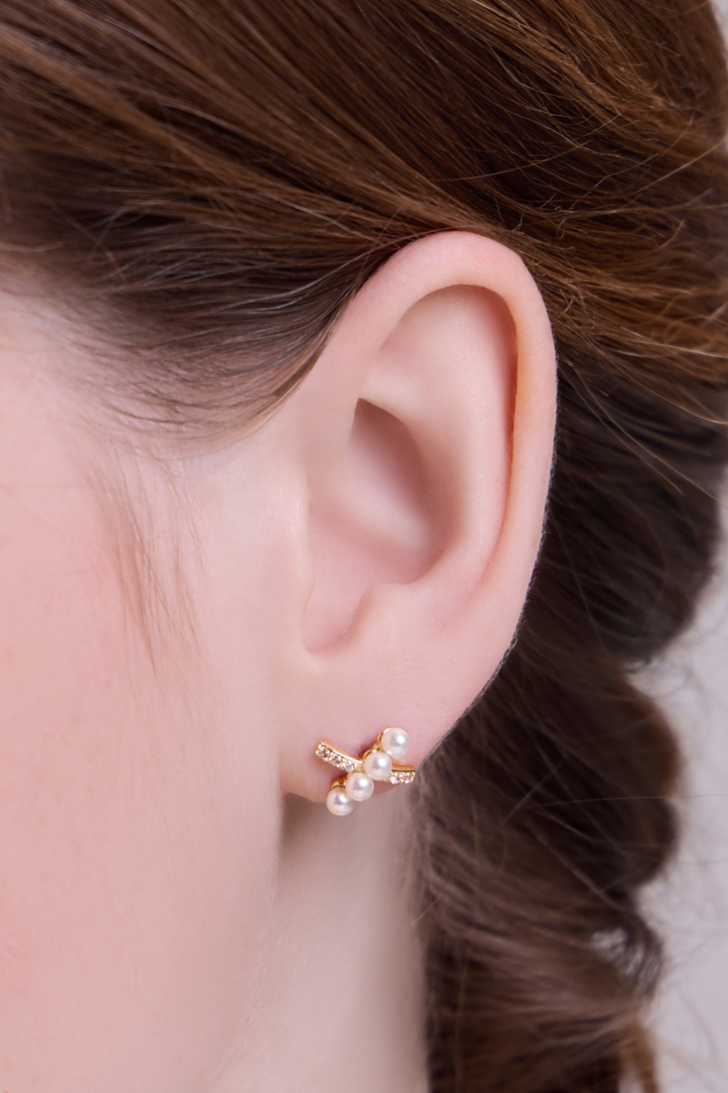 小巧珍珠鋯石交錯。銀針耳環