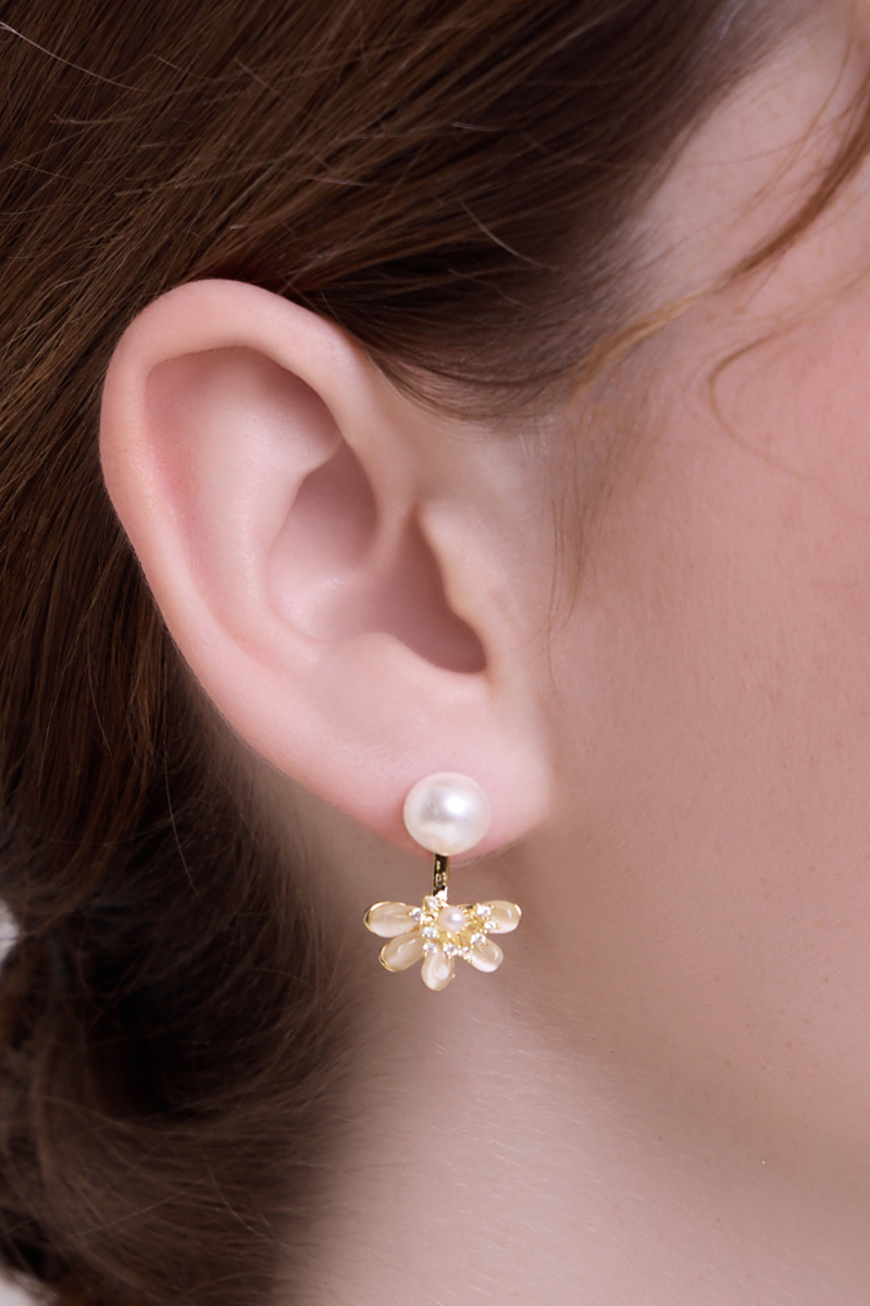 珍珠貓眼花瓣兩戴。銀針耳環