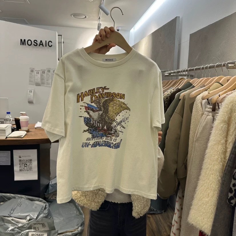 韓國新款MOSAIC卡通圖案磨毛圓領短袖T恤