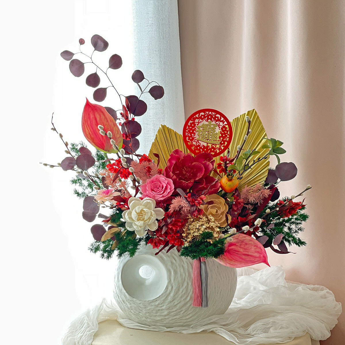 【官網限定款】T52｜招財進寶好運來新年桌花｜乾燥花/高擬真花/永生葉材(新年裝飾物款式隨機)