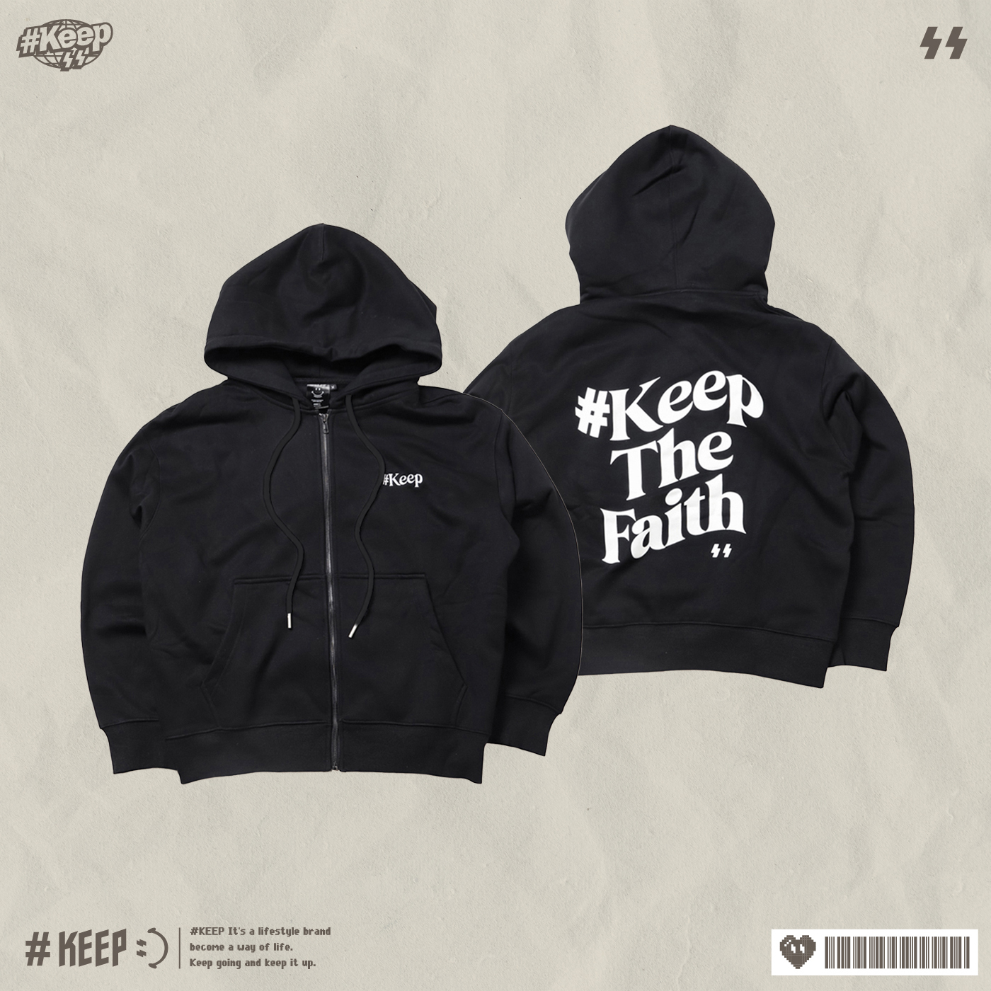 #KEEP THE FAITH SWEATSUIT HOODIE 黑色 炭灰 刺繡 刷毛 抽繩 寬鬆版 重磅 標語連帽外套【KS189】
