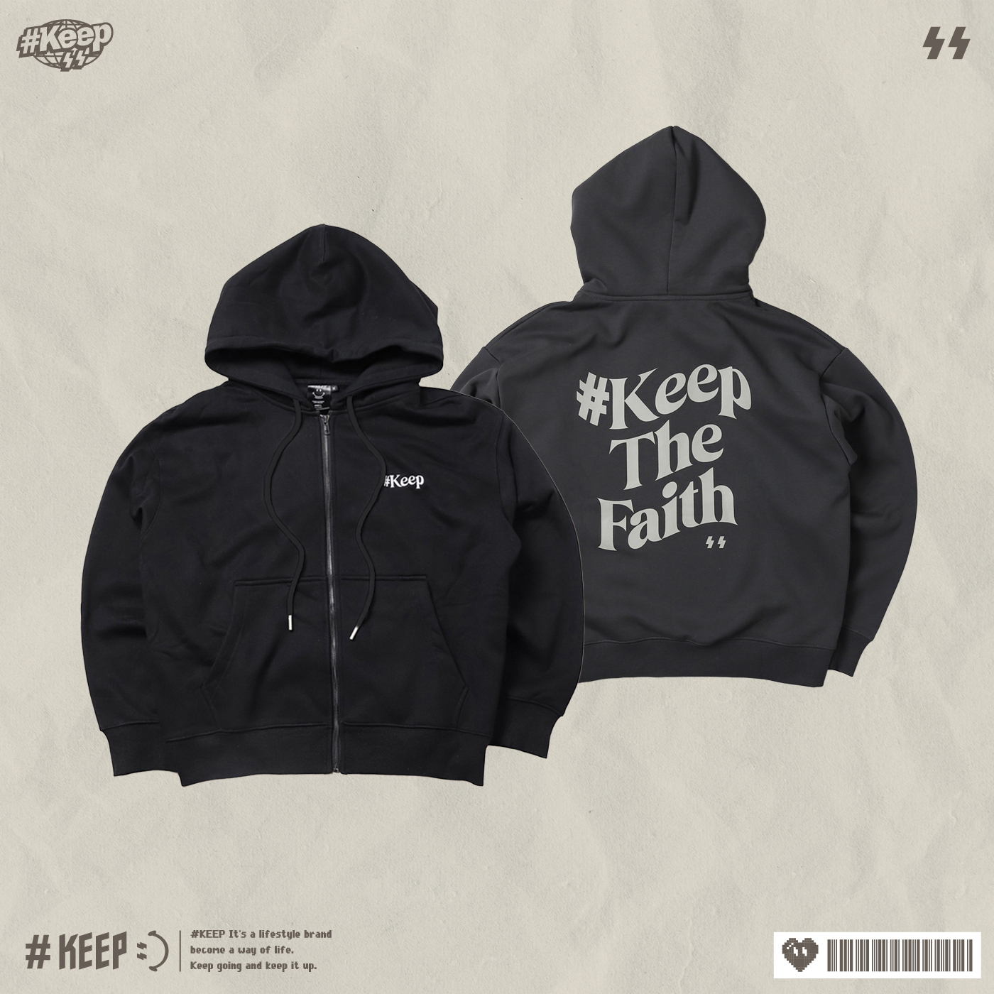 #KEEP THE FAITH SWEATSUIT HOODIE 黑色 炭灰 刺繡 刷毛 抽繩 寬鬆版 重磅 標語連帽外套【KS189】