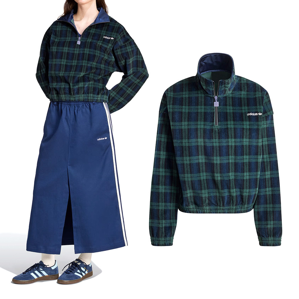 Adidas Tartan Half Zip 女款 綠色 休閒 拉鍊 半開襟 立領 三葉草 長袖 外套 IX1054