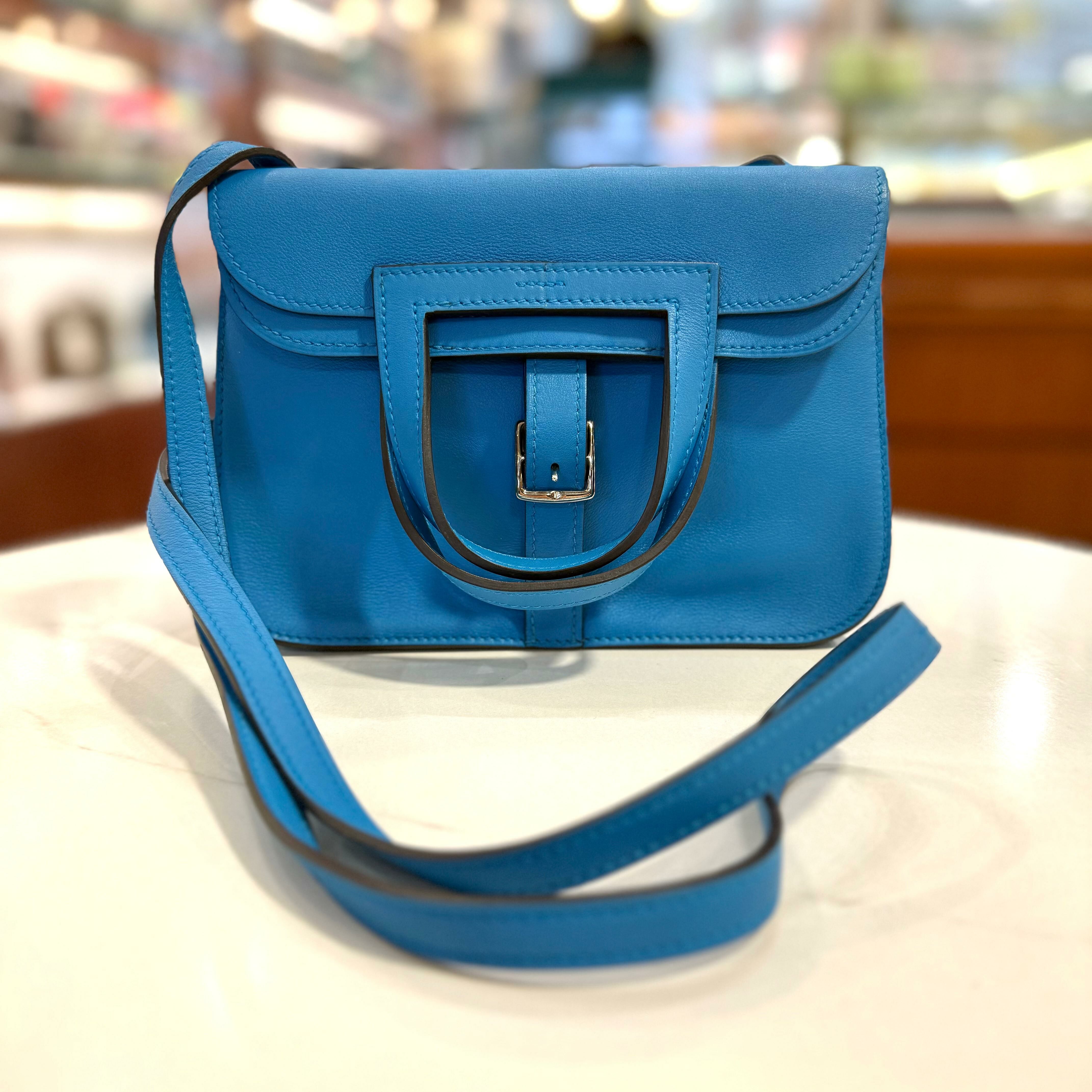 99%NEW二手HERMES MINI HALZAN B3坦桑尼亞色/銀扣 SWIFT皮 Bleu Zanzibar PHW #香榭站正品