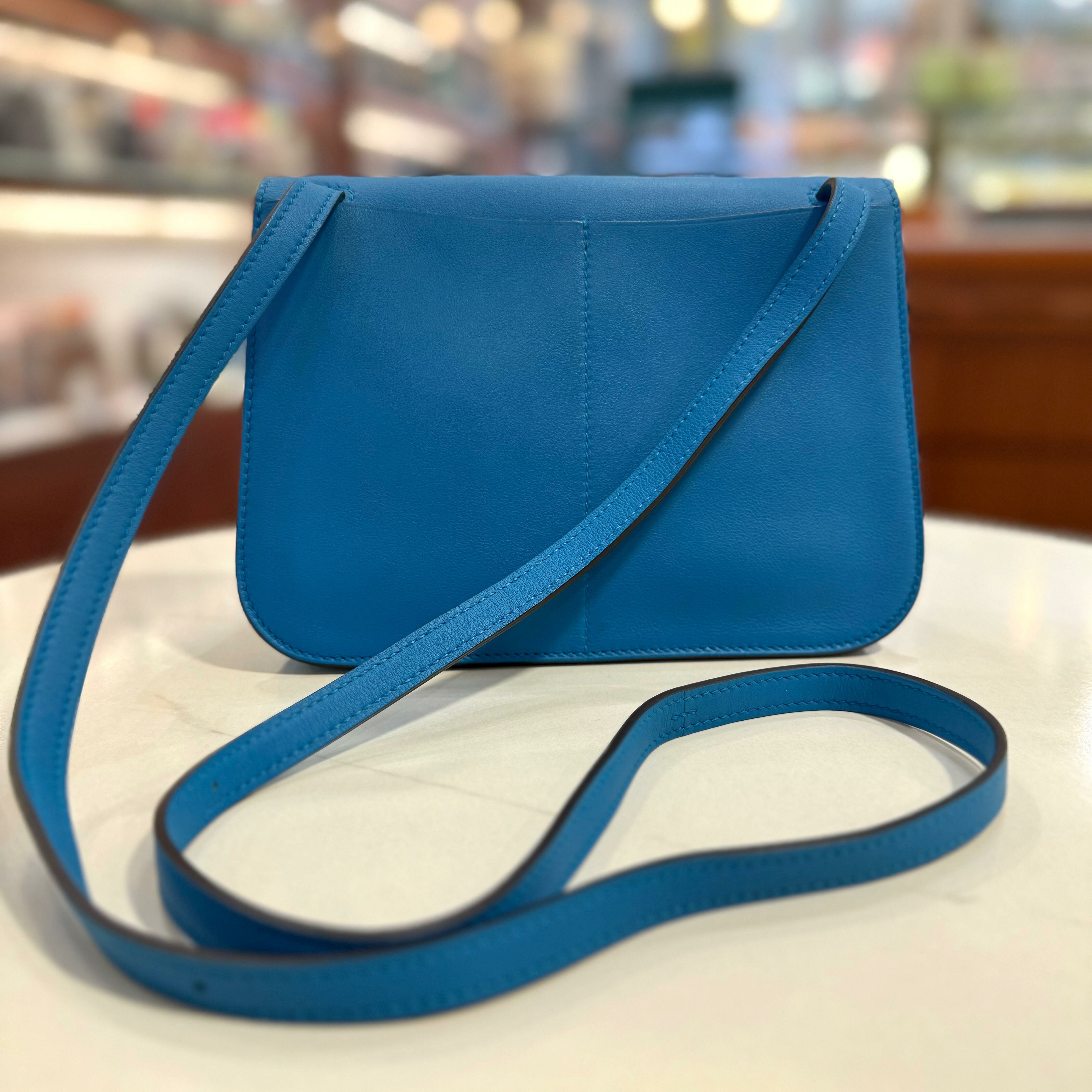 99%NEW二手HERMES MINI HALZAN B3坦桑尼亞色/銀扣 SWIFT皮 Bleu Zanzibar PHW #香榭站正品
