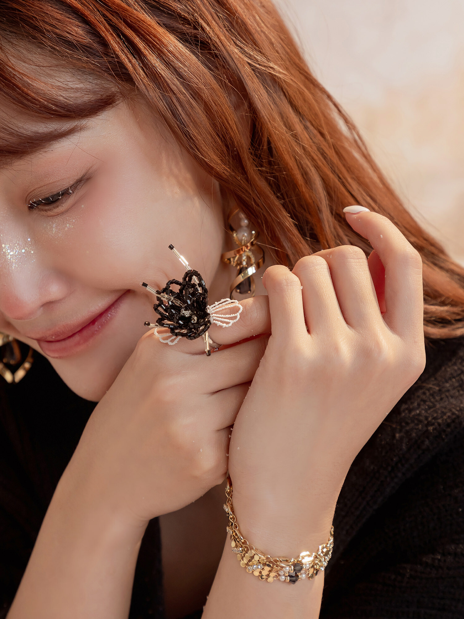 黑夜白晝日。MUCHAT手作立體珠花蕾絲戒指