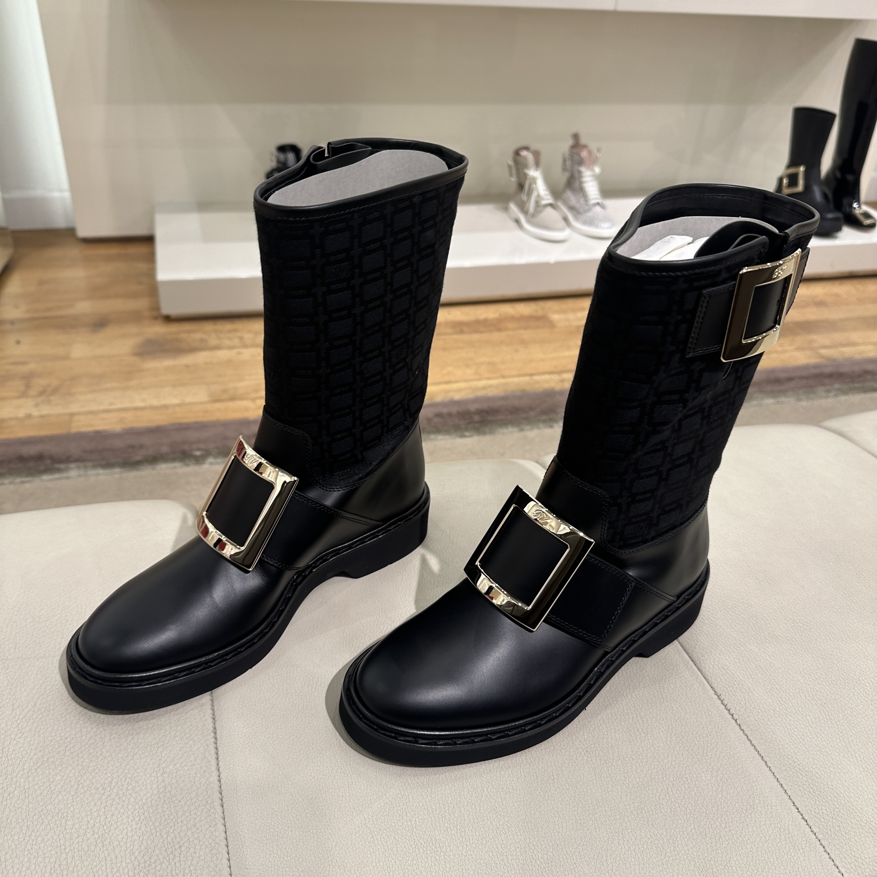 Roger Vivier RV Viv ranger Bimat biker double buckle boots black