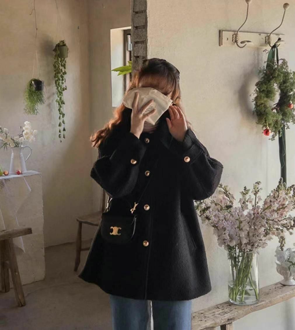 反領金鈕中長外套(黑色)