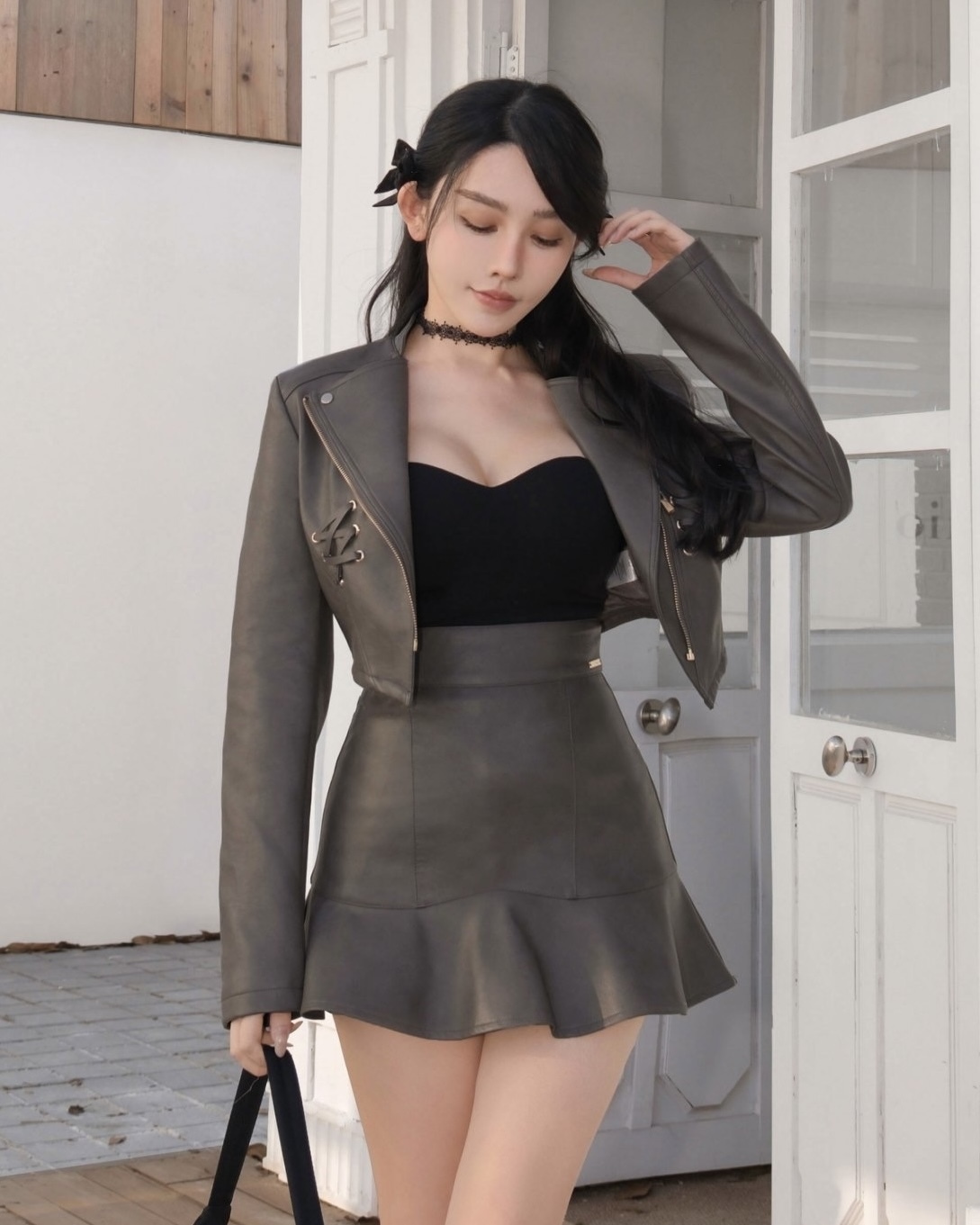 訂製-個性翻領拉鍊皮革短外套