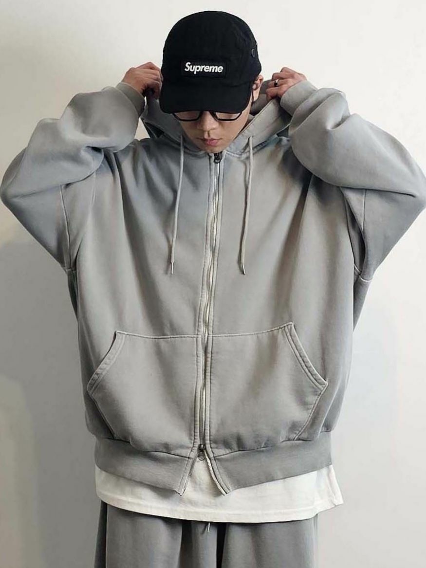 洗水淨色連帽拉鍊外套(薄抓毛底) Floor&co-049JK