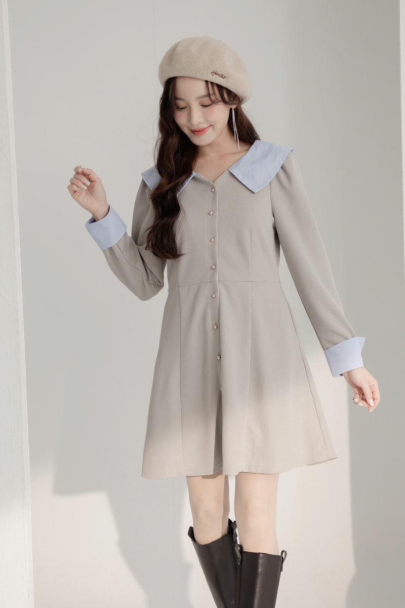 拼接襯衫領傘擺洋裝