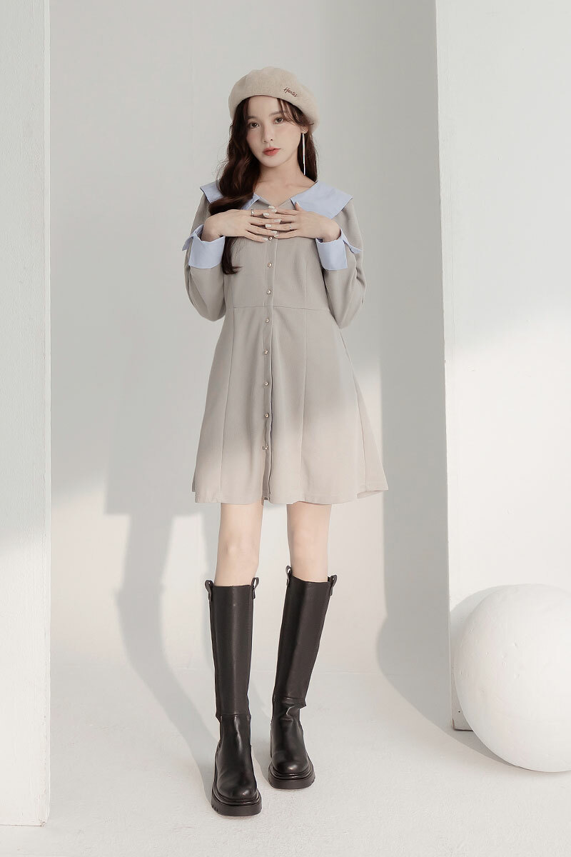 拼接襯衫領傘擺洋裝