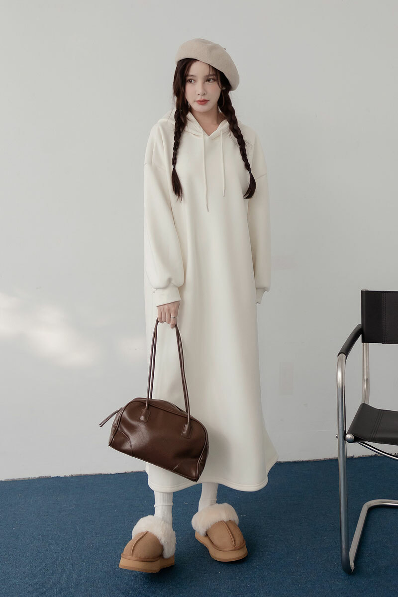 over size連帽長版磨毛洋裝