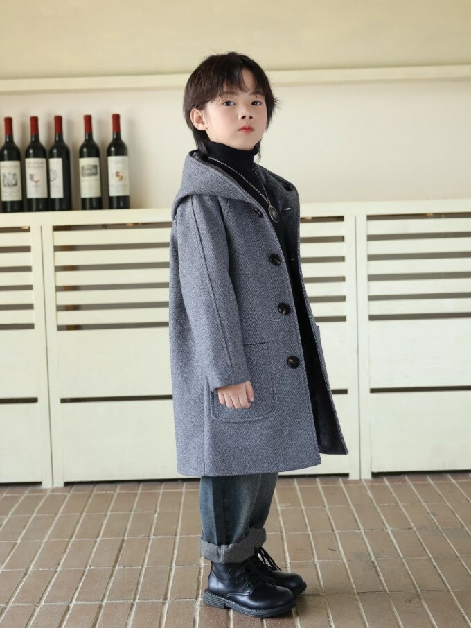 毛呢連帽長版大衣外套