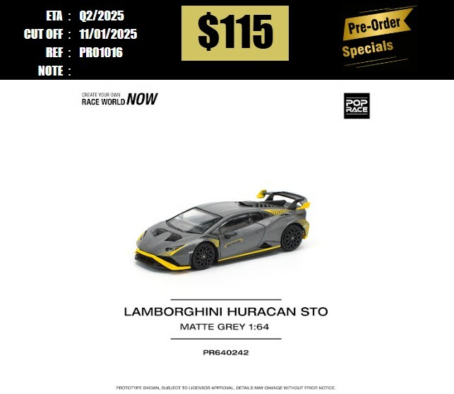 PO-$115 * POP RACE * 1:64 LAMBORGHINI HURACAN STO MATTE GREY [OD01/01]